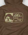 Good Things Take Time Back Print Hood - Choc