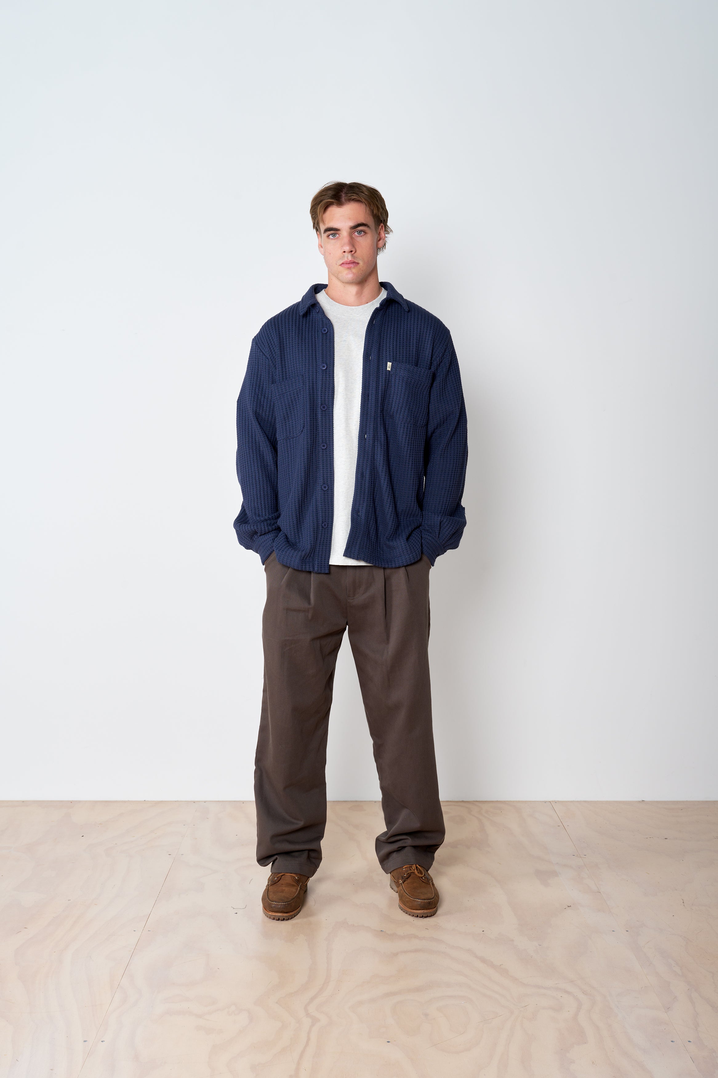 Waffle Button Up - Navy