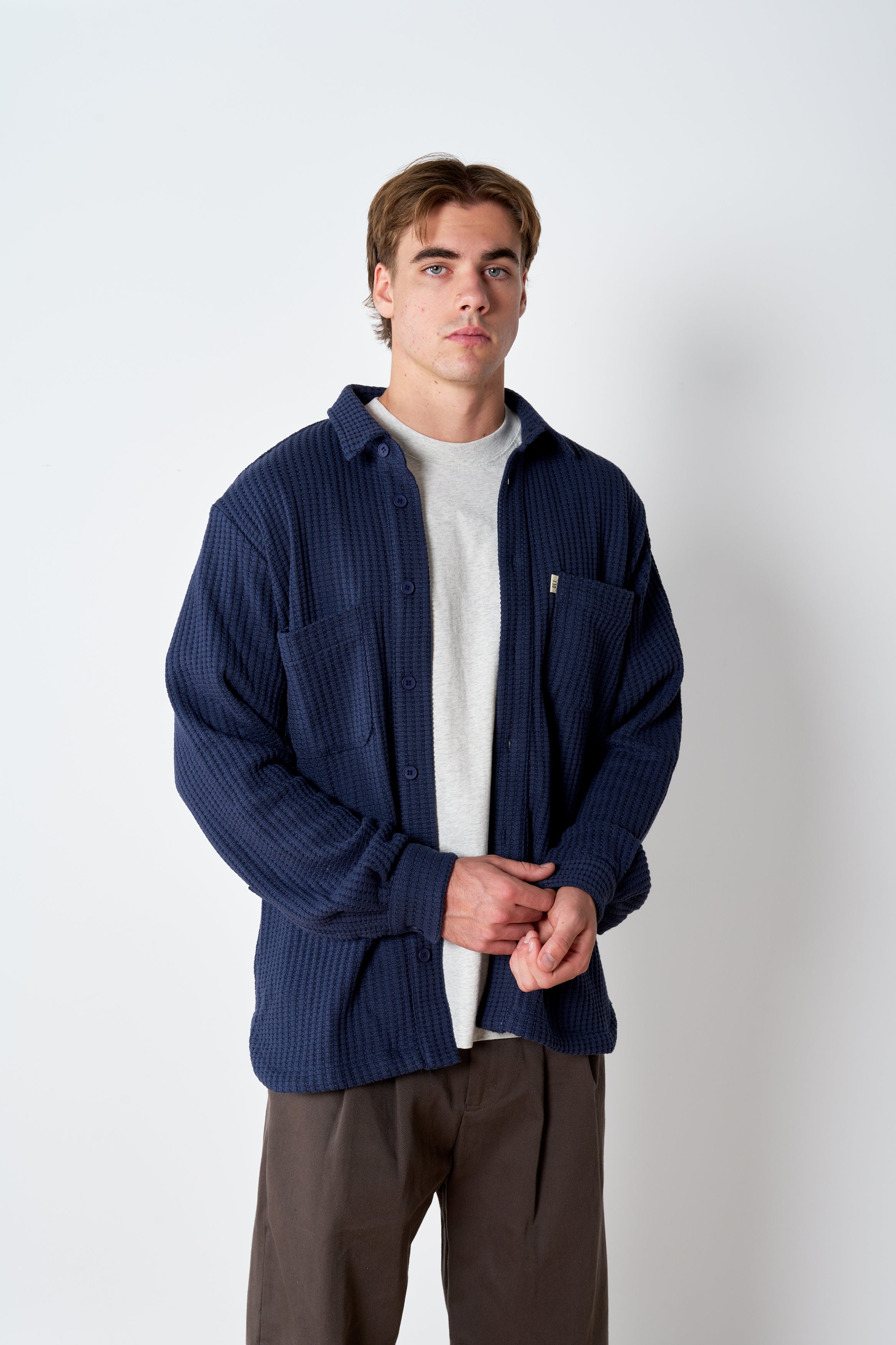 Waffle Button Up - Navy
