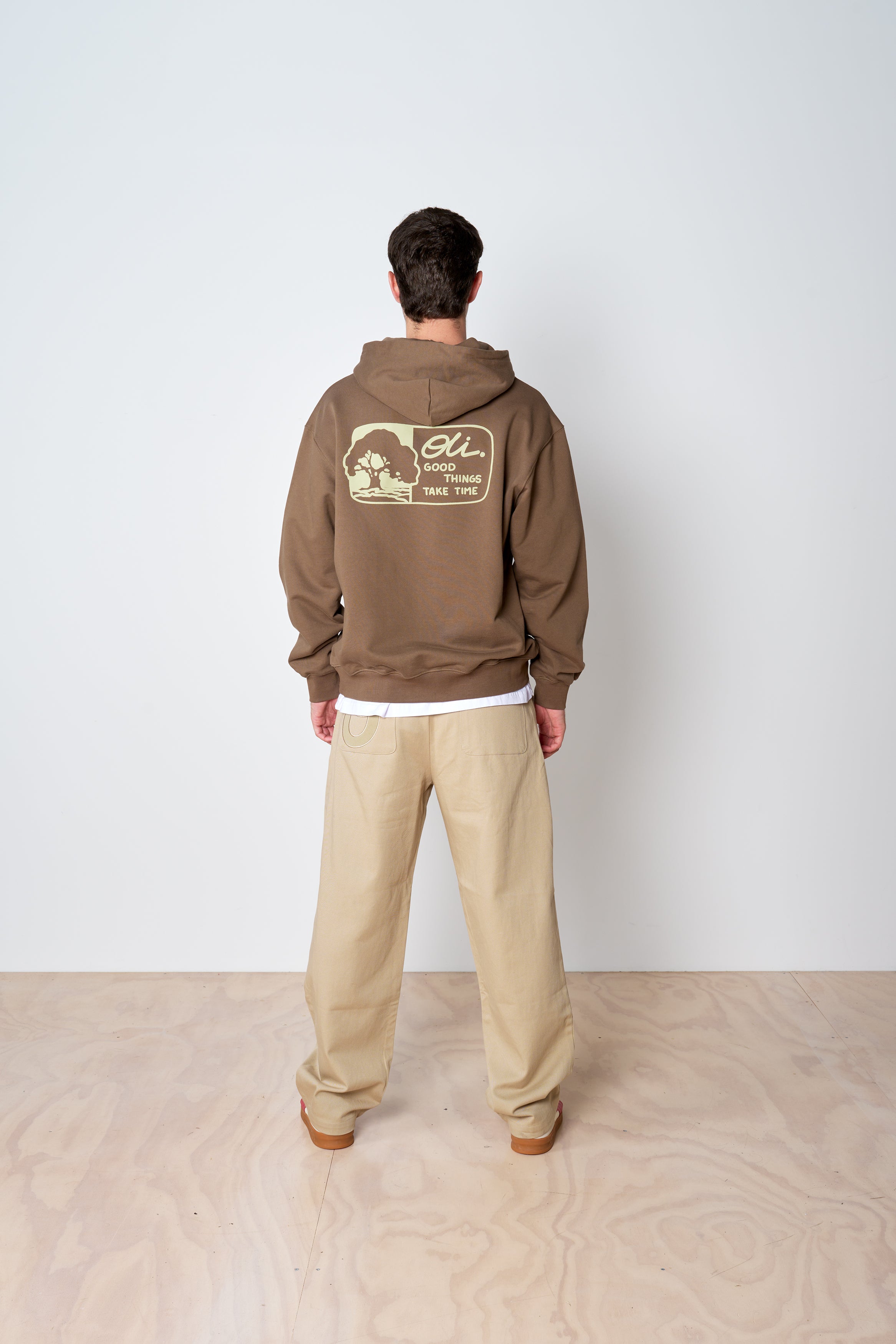 Good Things Take Time Back Print Hood - Choc