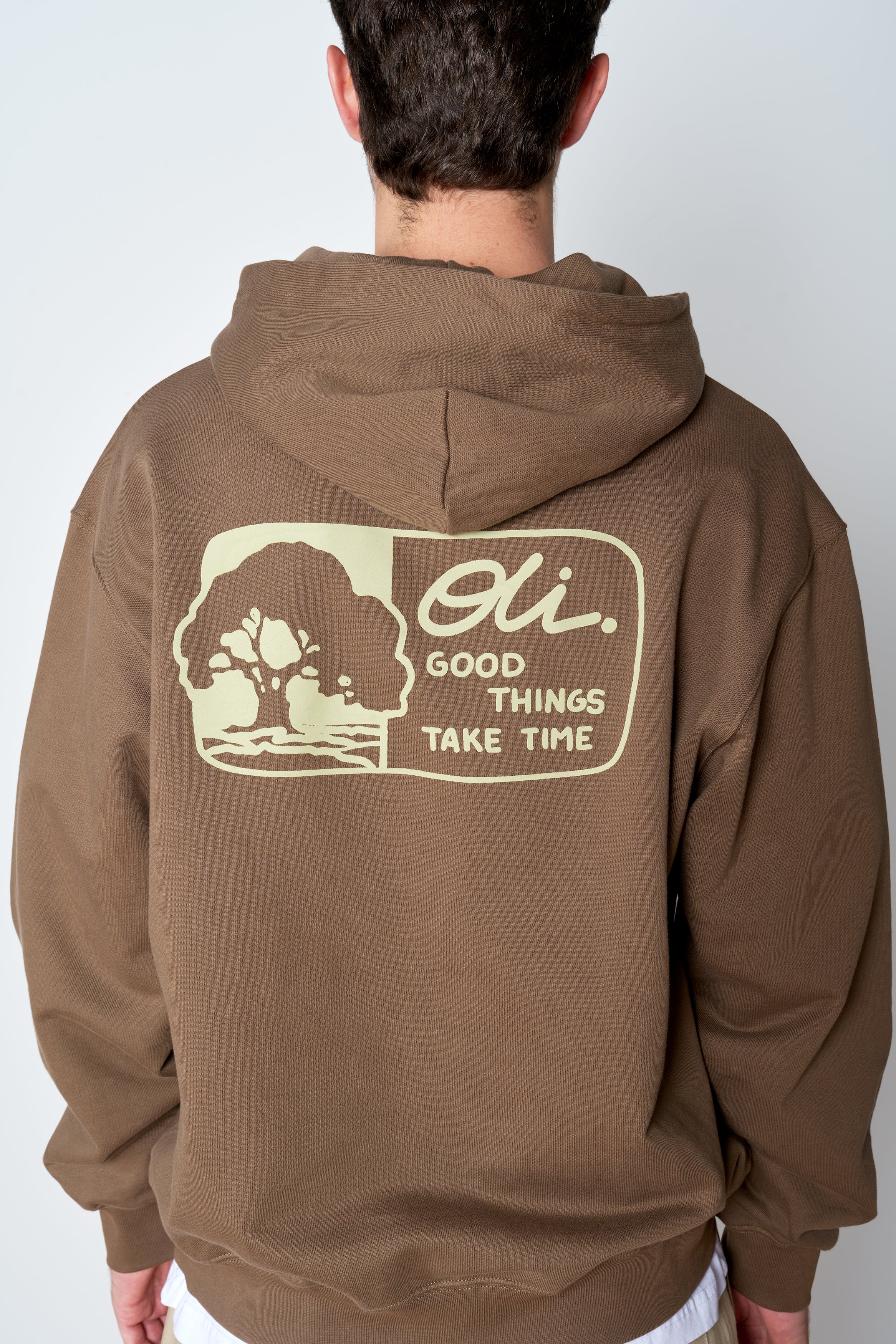 Good Things Take Time Back Print Hood - Choc